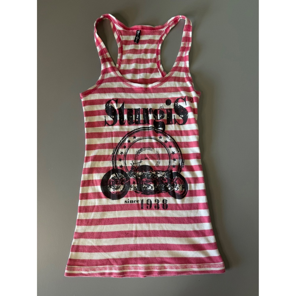 Sweet Girl Sturgis Biker Tank Top Red White Striped Racerback Graphic Ribbed S